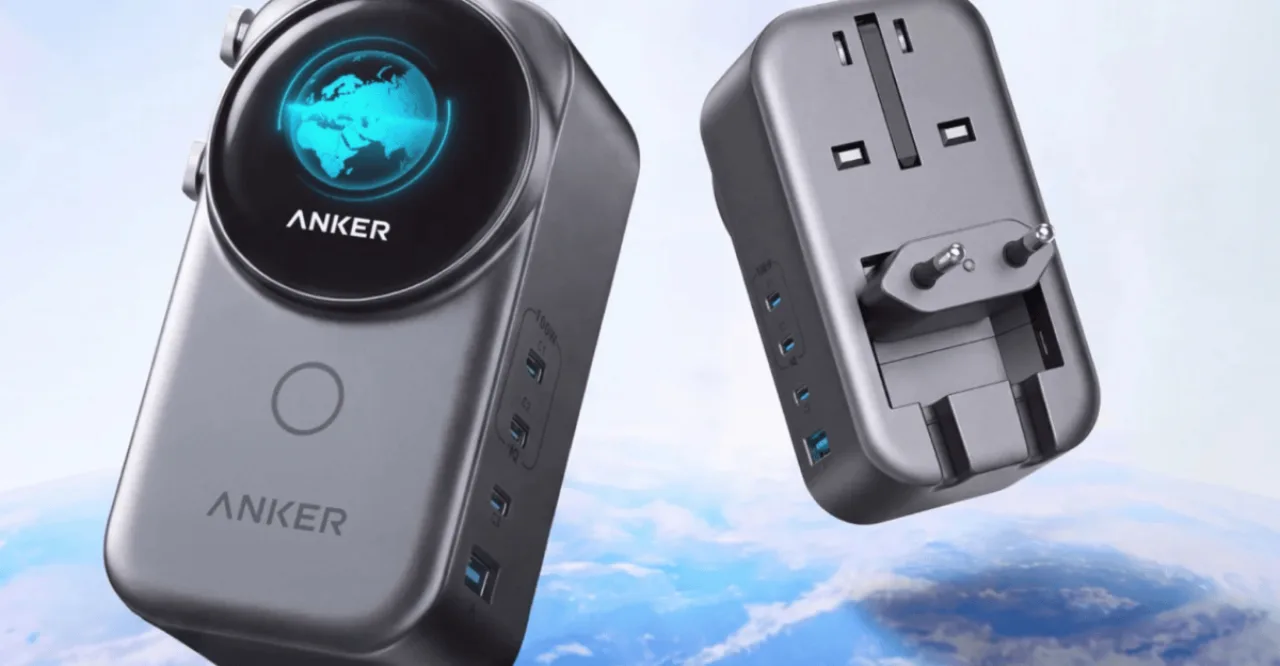Adaptador Anker Nano 100W compacto com portas USB‑C, USB‑A e três plugs intercambiáveis (US, UK, EU) sobre fundo escuro