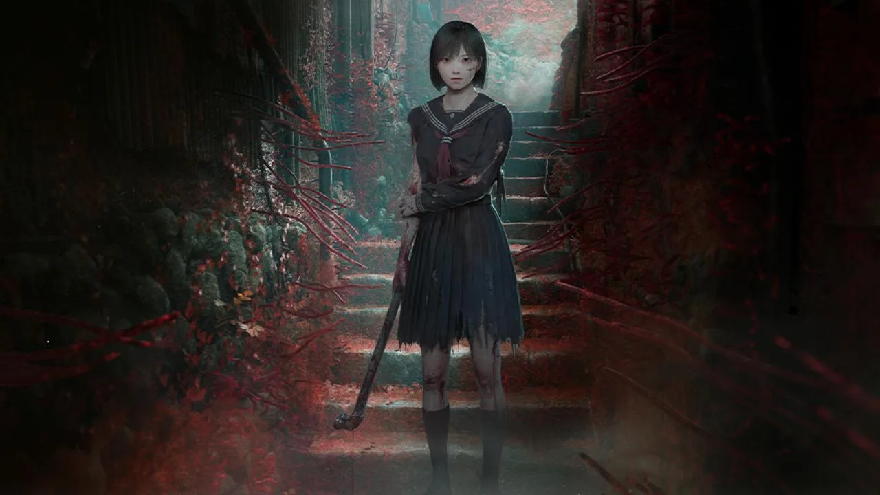 Personagem de Silent Hill vestindo o traje Crimson Butterfly ao lado de um controle de PS5