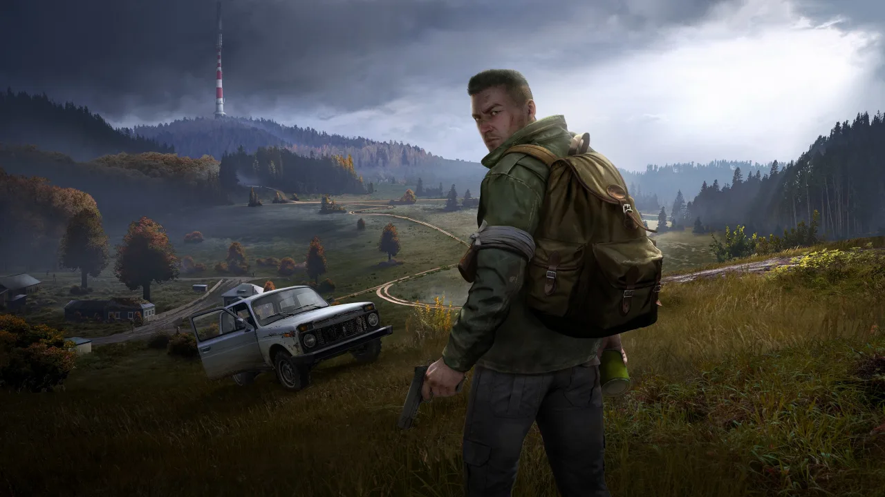 Jovem fazendo agachamento segurando o Joy‑Con do Switch 2, com capas de DayZ e Dogpile ao fundo