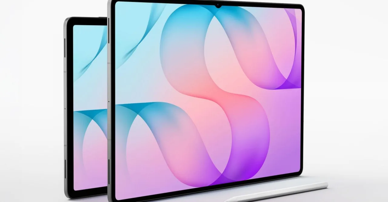 Galaxy Tab S12 Plus exibindo nova interface Android 14 ao lado do logotipo da Samsung em fundo neutro