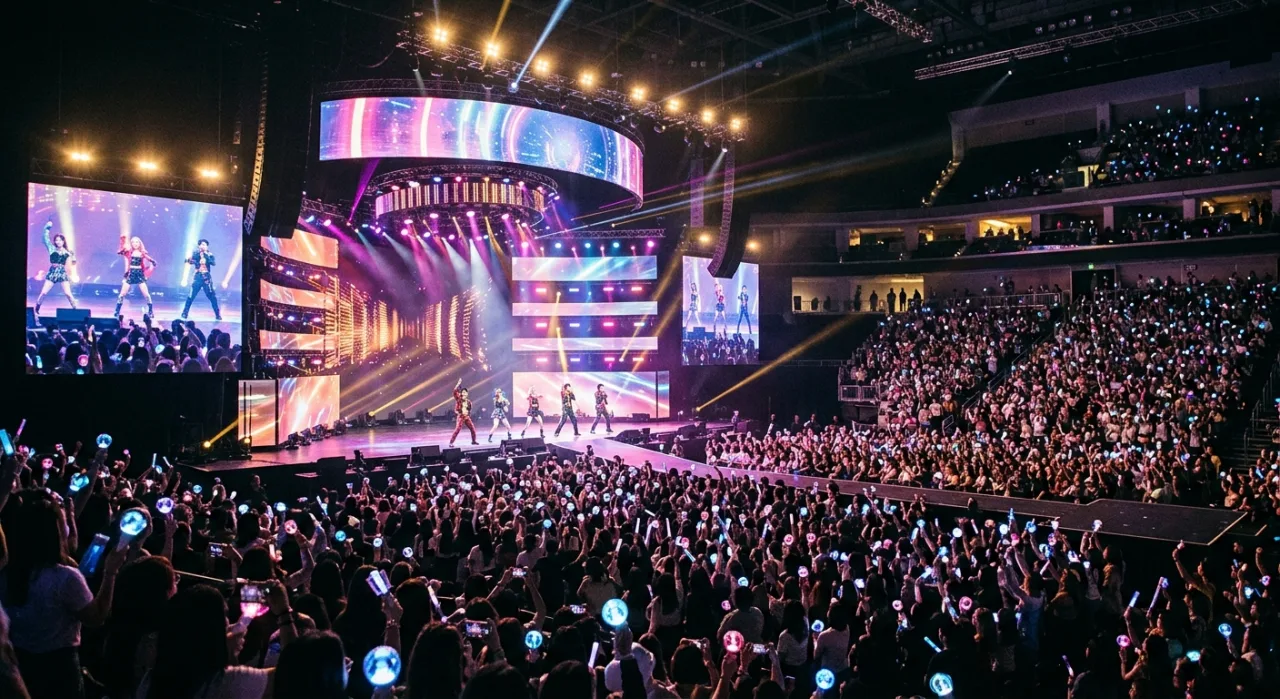 Palco com luzes natalinas, logo da SBS ao fundo e silhuetas dos grupos K‑pop, como Stray Kids, para o Gayo Daejeon 2026