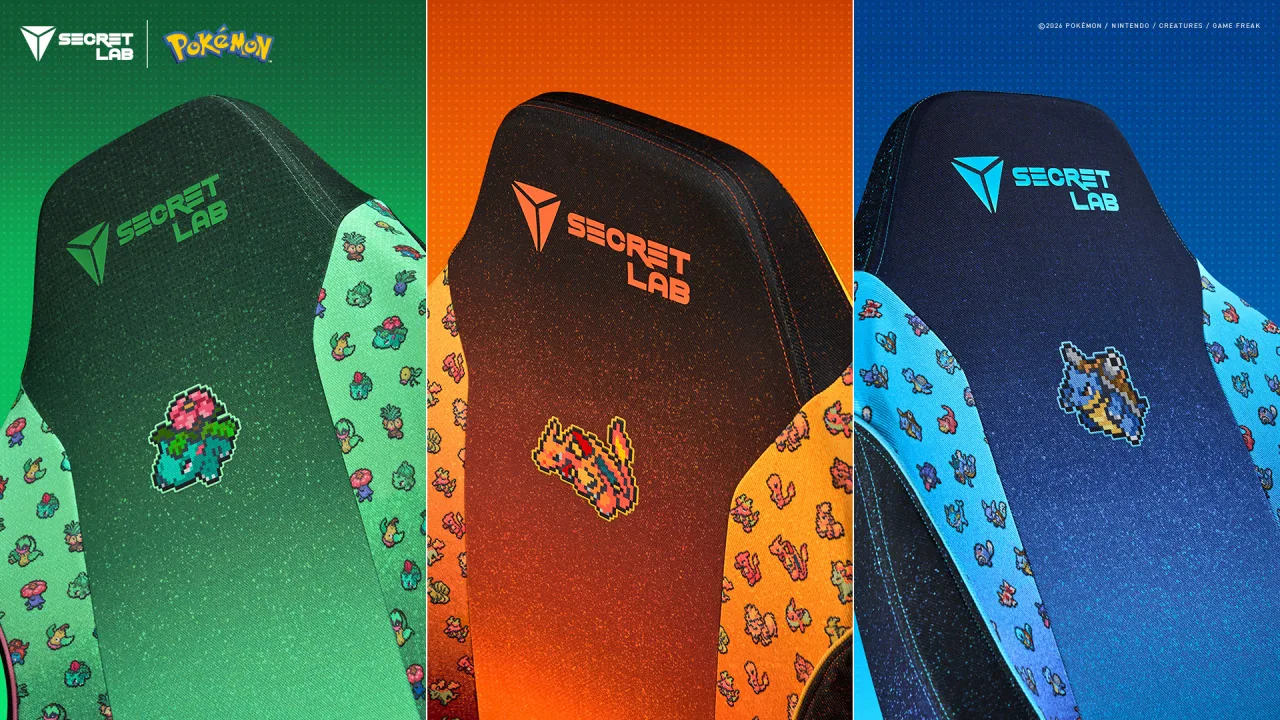 Cadeira Secretlab Titan Evo com skin Pokémon Pixel Art em destaque, ao lado de um controle, mouse gamer e garrafa de água