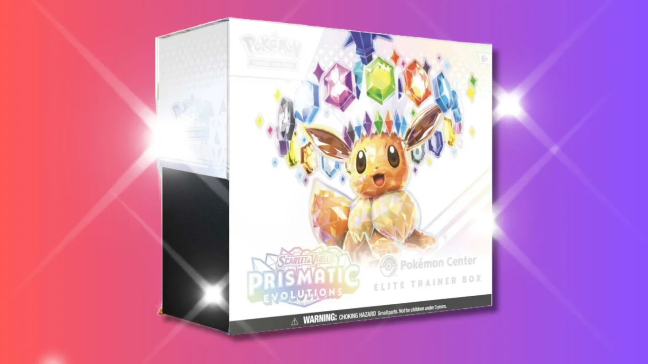 Caixa elite trainer Prismatic Evolutions aberta, exibindo cartas brilhantes e o selo da Best Buy ao fundo