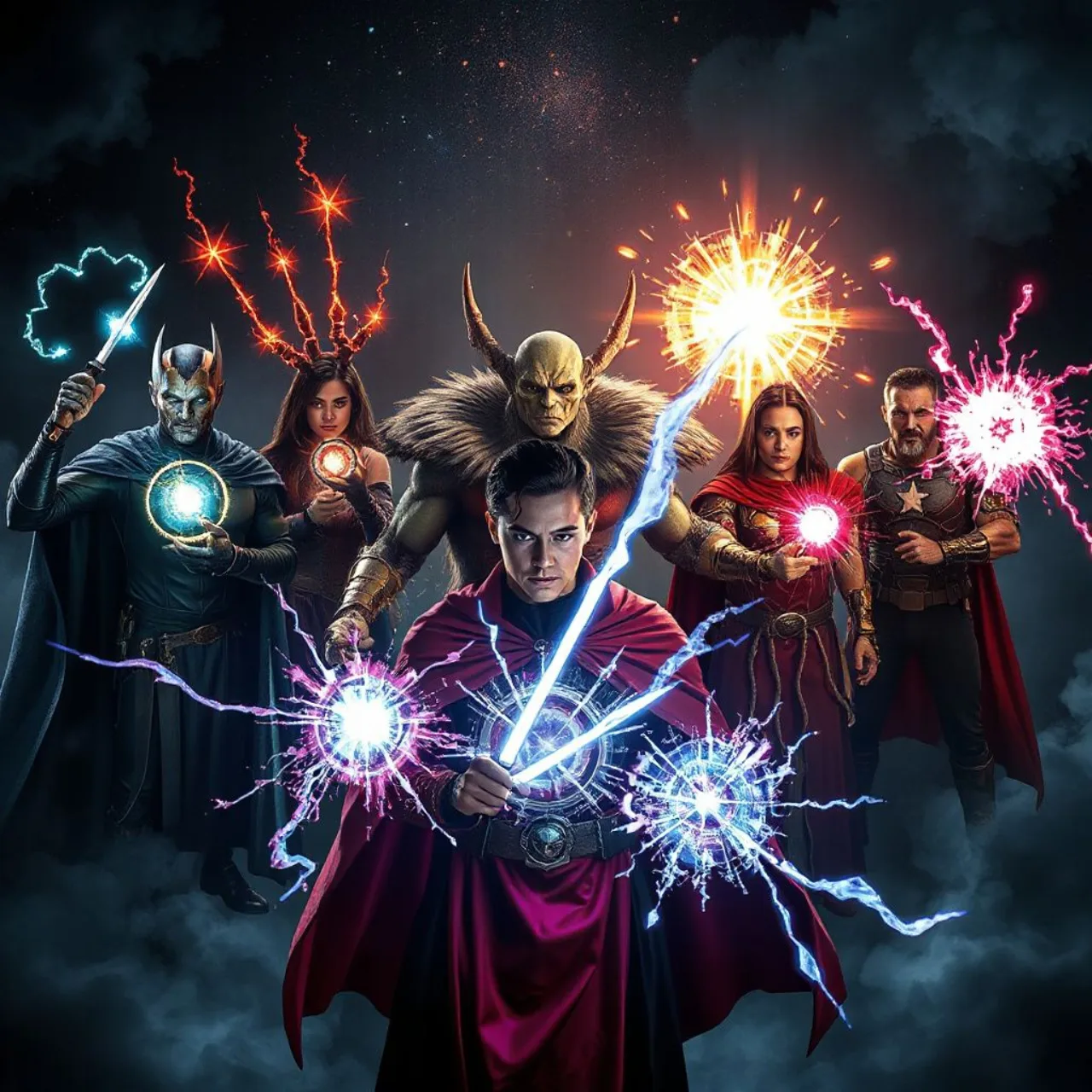 Zatanna, Doctor Fate e Constantine em pose dramática, rodeados por energia mística e o logotipo da DC