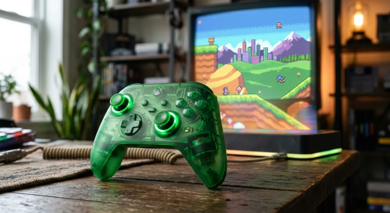 Controle verde translúcido de edição 25 anos do Xbox sobre fundo dinâmico que remete ao design do console original