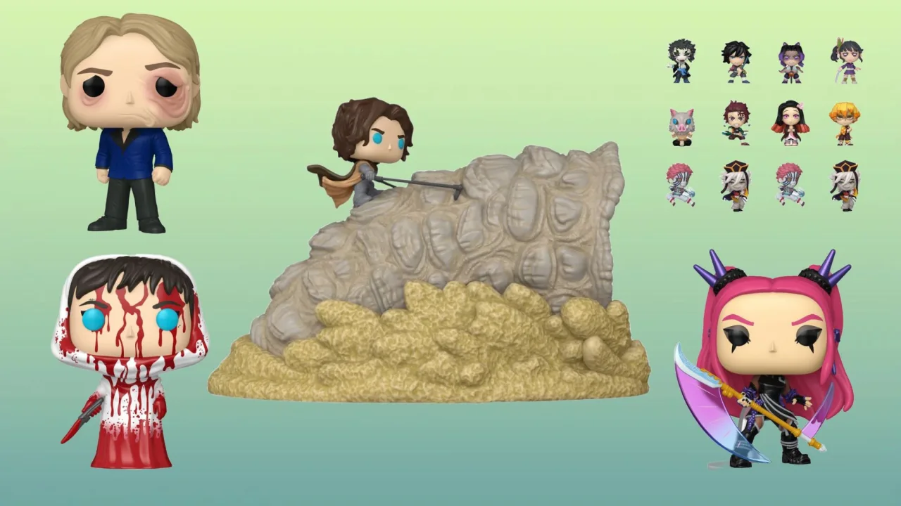 Figuras Funko POP! de Clayface, Tanjiro de Demon Slayer e Paul Atreides de Dune alinhadas sobre fundo escuro