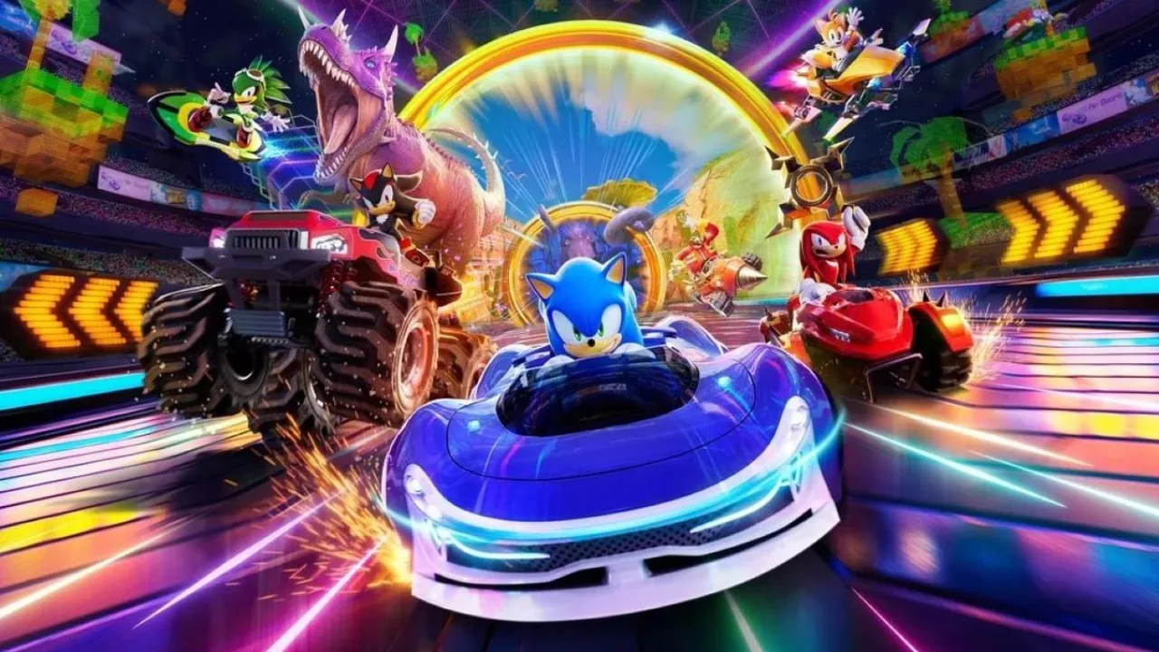 Personagem Arle em um kart futurista acelerando em uma pista colorida com elementos mágicos de Puyo Puyo