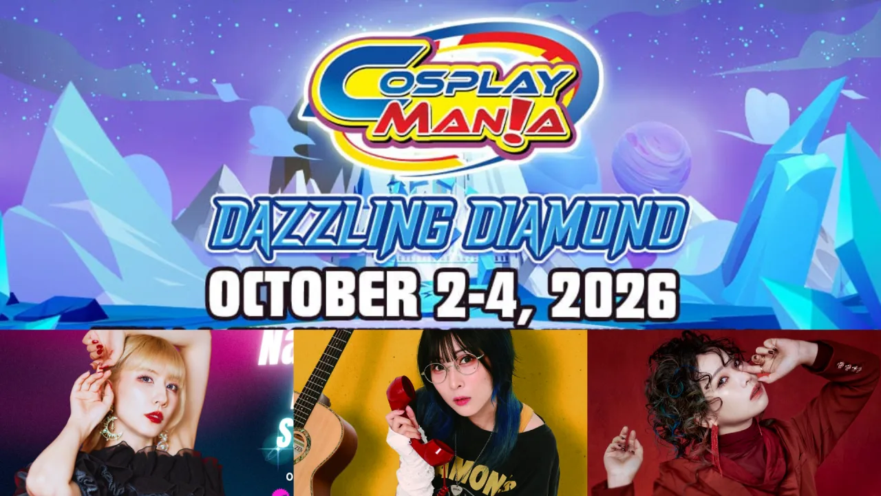 Cartaz da Cosplay Mania 2026 com logo colorido, ilustração de personagens de anime e destaque ao JAM Concert