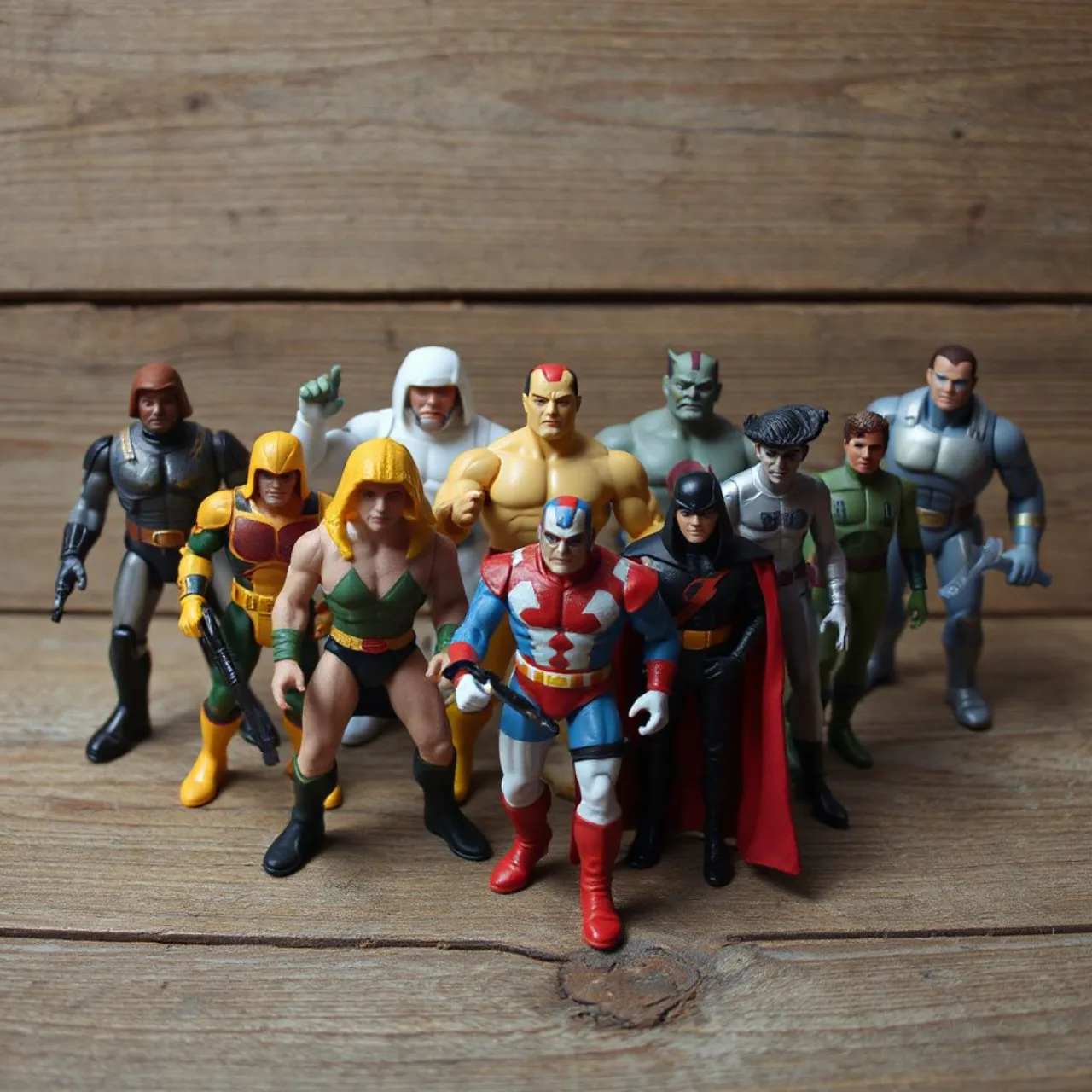 Action figures dos anos 90 em exibição, com personagens de filmes, jogos e desenhos, e logo da Heritage Auctions