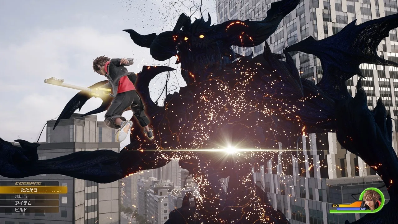 Jovem em roupa esportiva jogando Kingdom Hearts 4 no console, segurando halteres e usando smartwatch