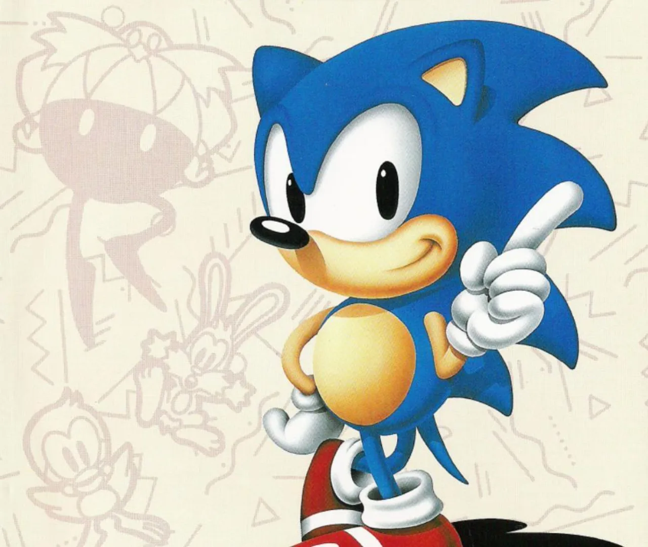 Atleta em roupa de treino, segurando halteres, posando ao lado da estátua azul do Sonic exibida na vitrine