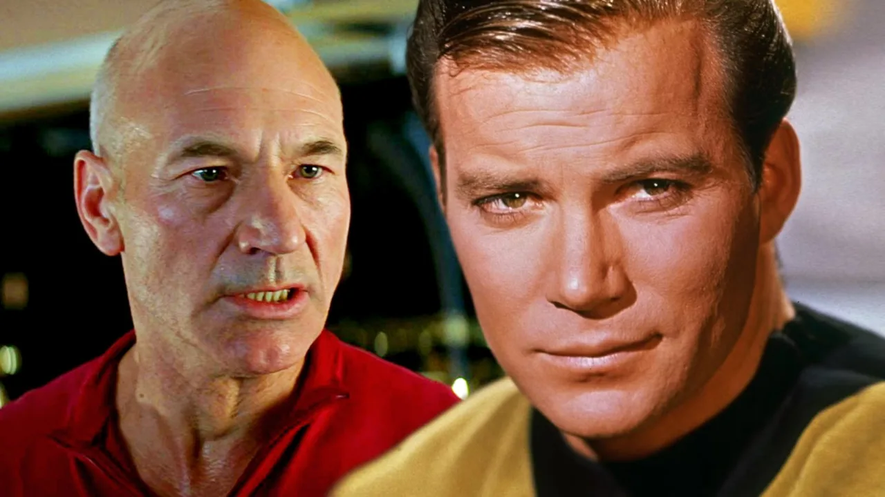 Um astronauta em traje Starfleet levantando halteres ao lado de um modelo de nave espacial futurista