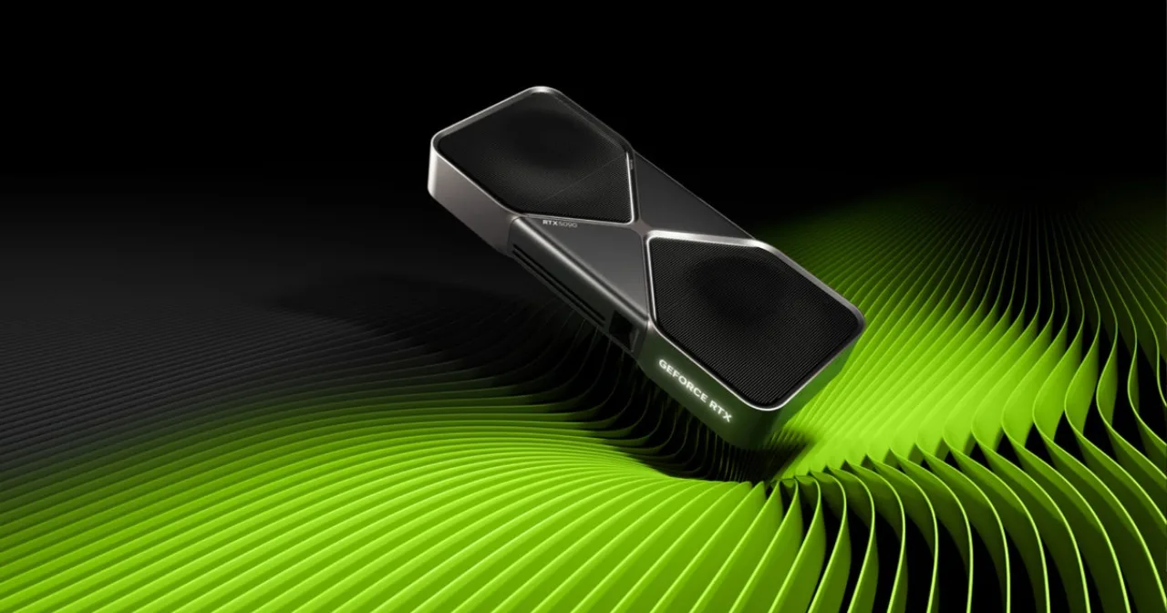 Logotipo da Nvidia ao lado de um chip RTX 5090 ao fundo, com destaque para a placa RTX Pro e símbolos de IA