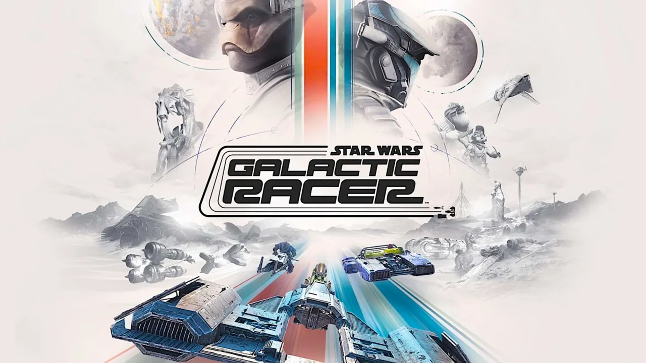 Corrida futurista de naves Star Wars com X-wing e TIE, pista iluminada e logo da Galactic Racer ao fundo