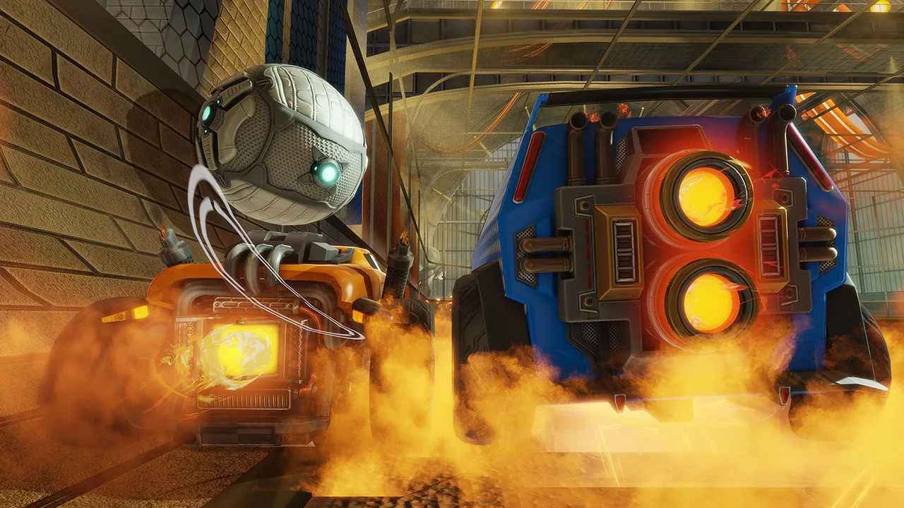 Carro futurista de Rocket League em alta velocidade em uma arena detalhada com gráficos da Unreal Engine 6