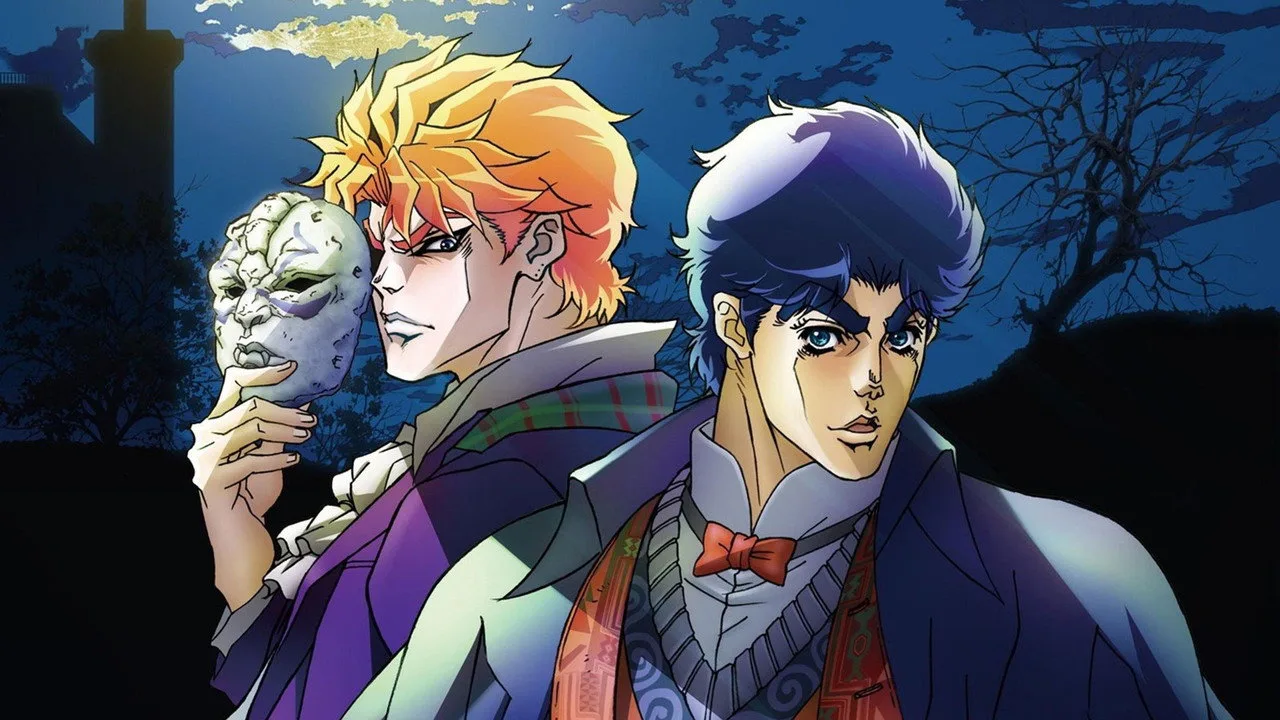 Jovem faz agachamento com halteres ao lado de TV exibindo Steel Ball Run, garrafa de água e snacks saudáveis