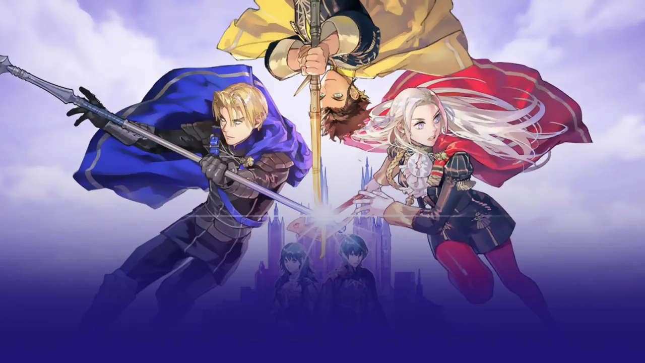 Jovem correndo na esteira, fones de ouvido, capa de Fire Emblem: Three Houses ao lado, garrafa d'água na mão