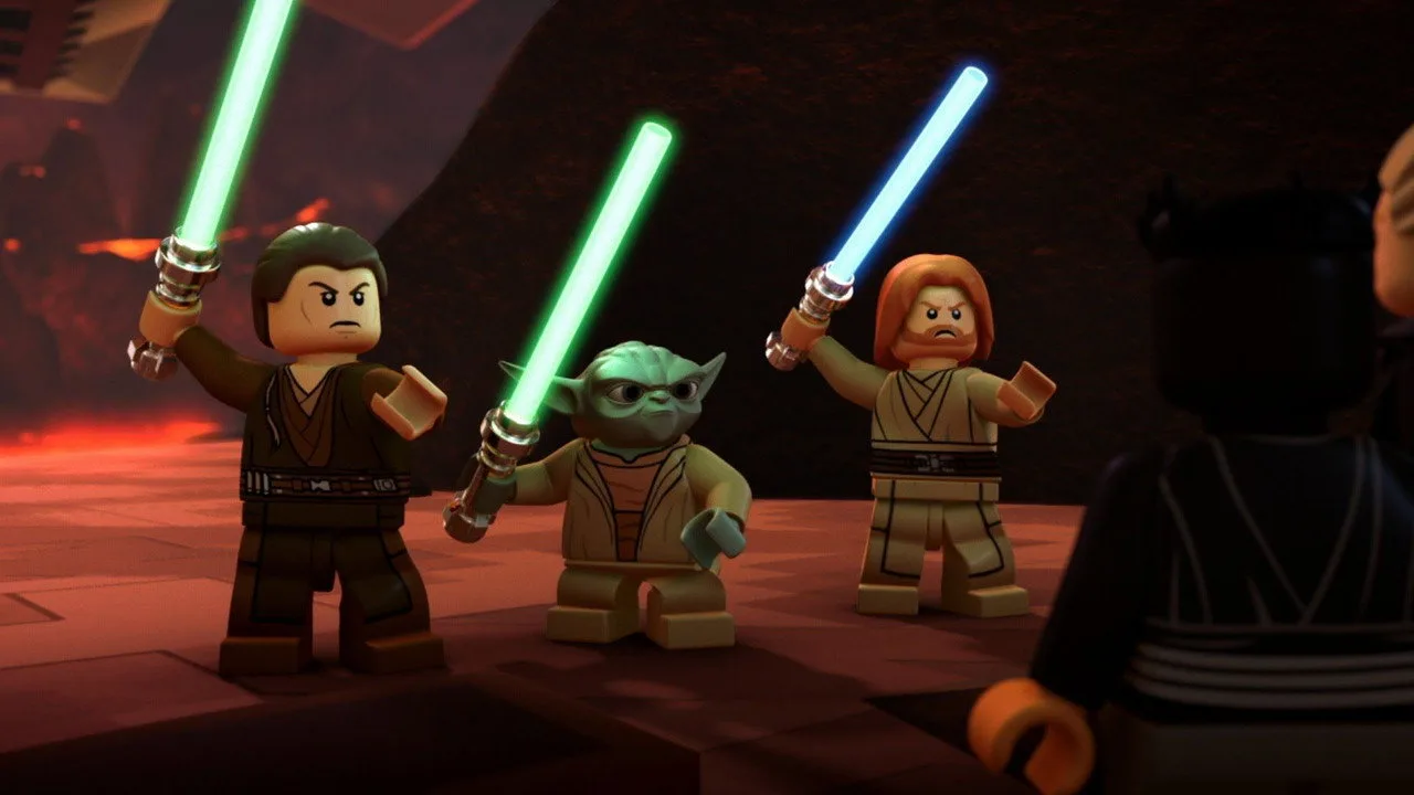 Jedi em pose de prancha, segurando um sabre de luz verde ao lado de um copo de proteína