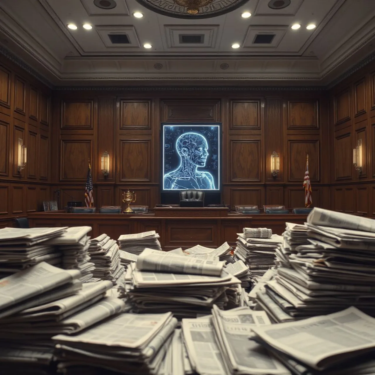 Logotipo da USA Today ao lado do símbolo da OpenAI, com um martelo de juiz sobre documentos