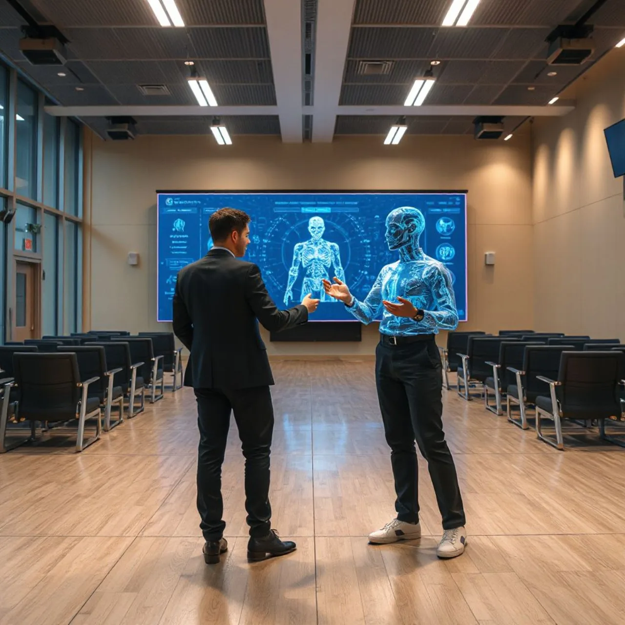 Oliver Twins ao lado de laptop com gráficos de IA e holograma de cérebro digital ao fundo