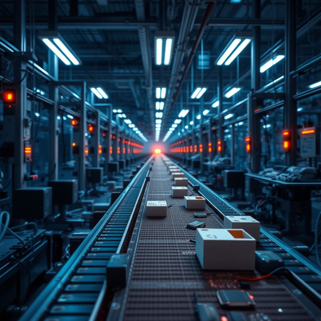 Linha de produção industrial de consoles em fábrica com componentes eletrônicos espalhados e esteiras vazias representando escassez de chips