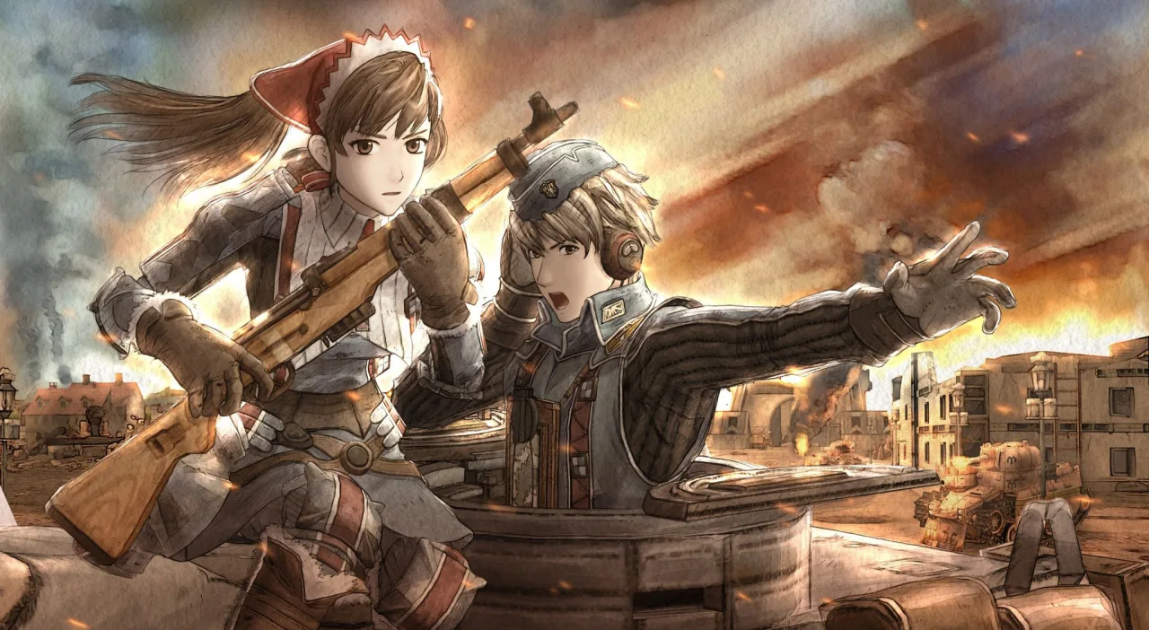 Jovem faz agachamento segurando o Nintendo Switch com o jogo Valkyria Chronicles na tela