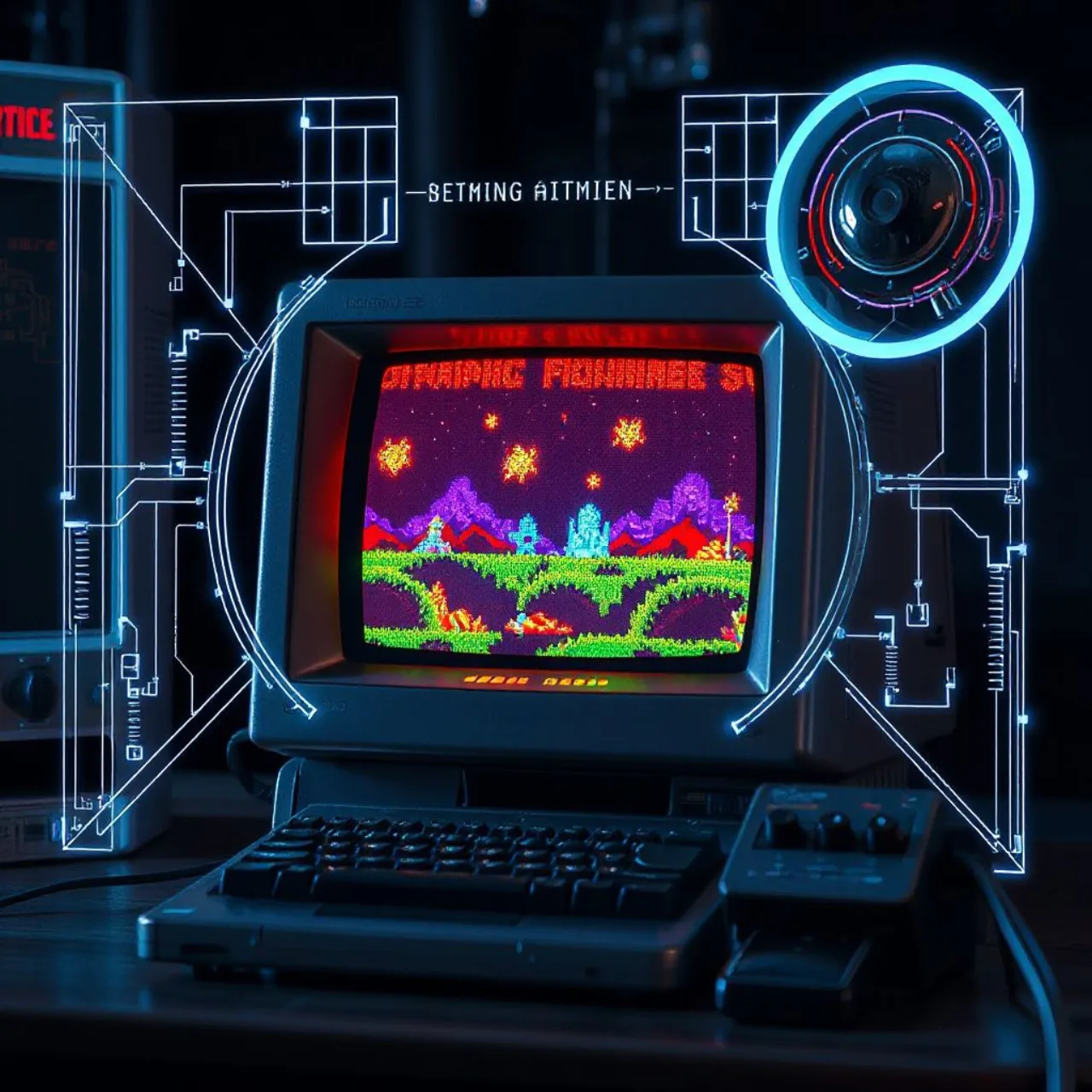 Capa de Moonstone ao lado de um Amiga 1200 com efeitos de luz neon, sugerindo a atualização por IA