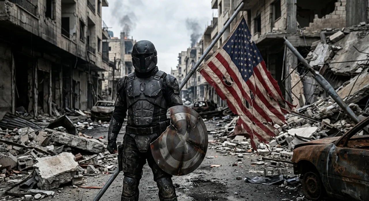 Homem musculoso fazendo flexões com escudo da Hydra e halteres vermelhos ao fundo, roupa estilo Capitão América