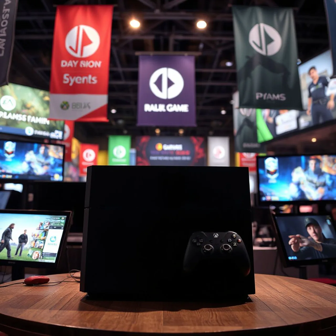 Palco iluminado com logo da Xbox, consoles em exposição e telas mostrando prévias de novos jogos