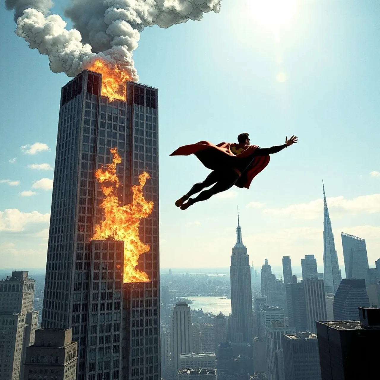 Capa de The Adventures of Superman #596 mostra Superman sobre torres LexCorp em chamas, lembrando o 11 de setembro