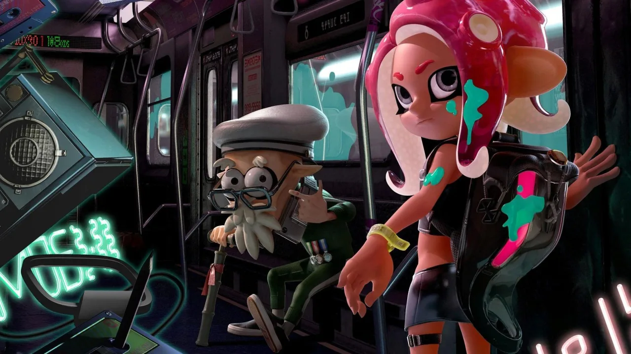 Um gamer em postura de agachamento segurando um controlador de Splatoon, com barra de proteína ao lado