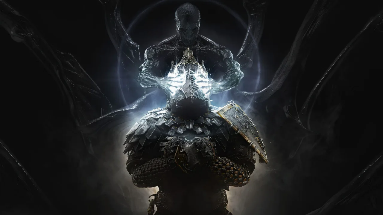 Jogador suado levanta halteres ao lado de um console, com capa de Mortal Shell 2 ao fundo