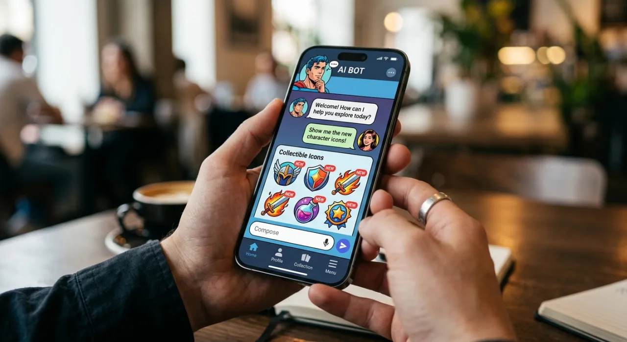 Tela de computador exibindo chat IA Teaz com balões de diálogo de personagens de webtoon ao lado do logo da Lezhin