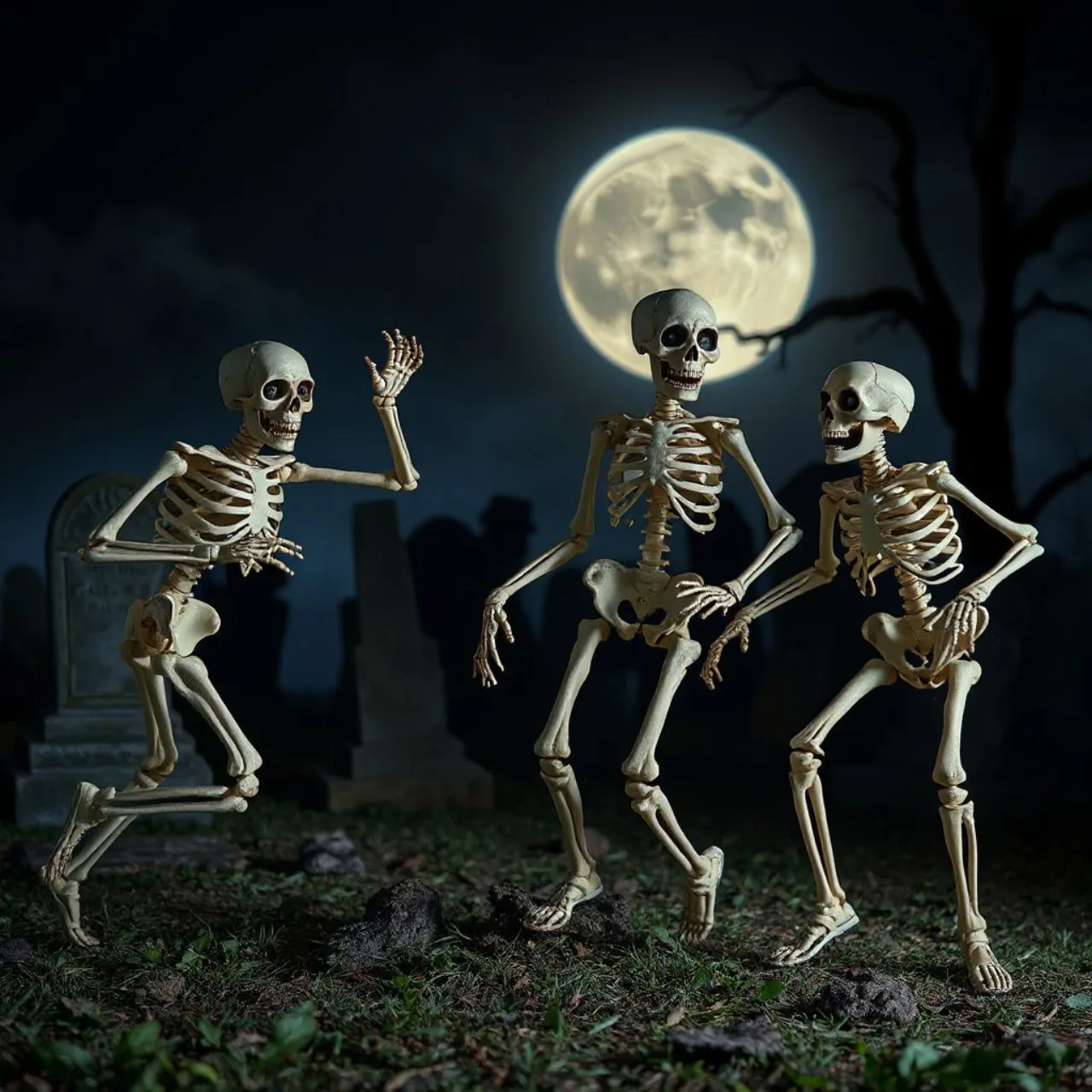 Esqueleto animado de The Skeleton Dance (1929) dançando sob lua cheia, com sombras de caveiras ao fundo