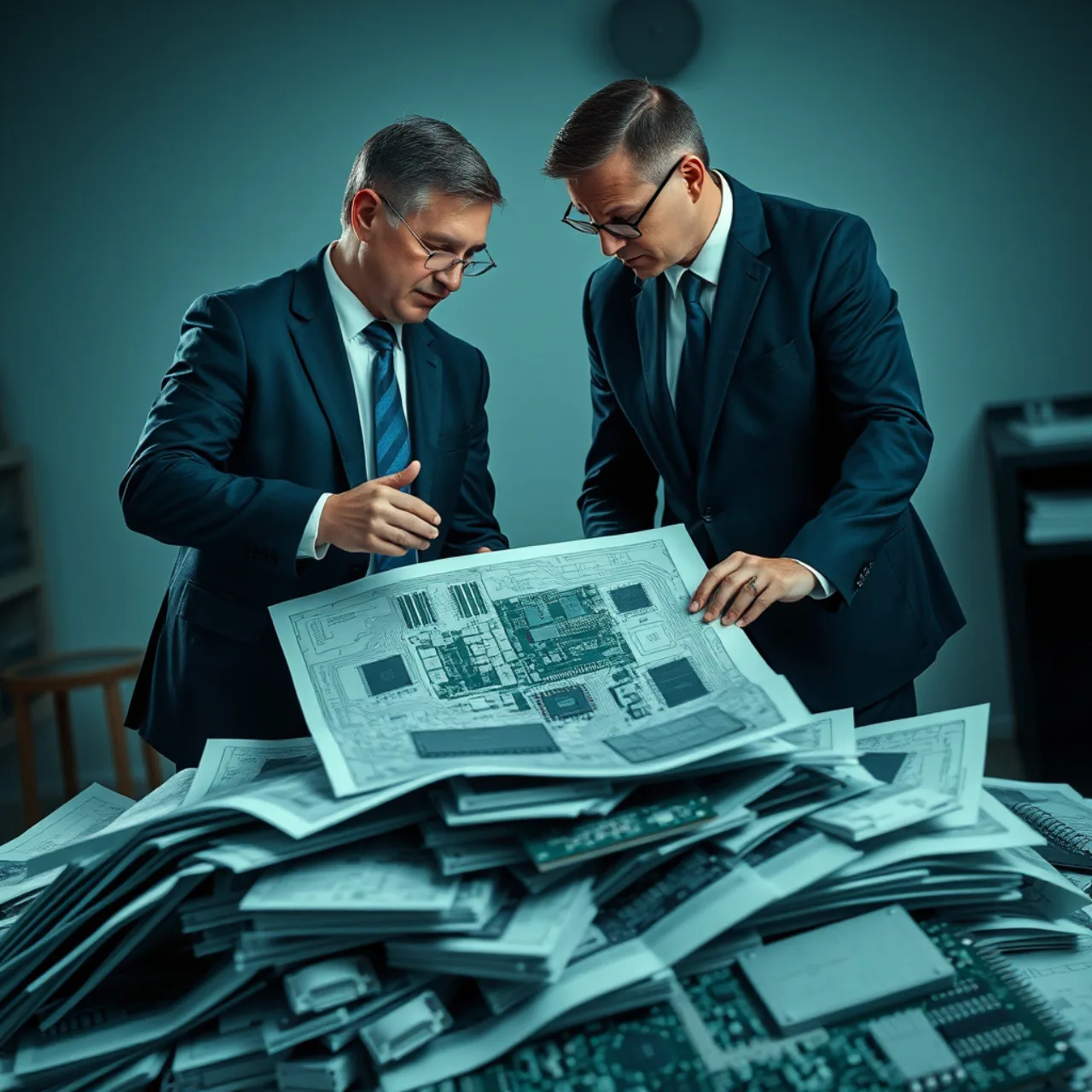Executivo em terno segura um iPhone enquanto outro analisa um chip de IA sobre mesa de academia
