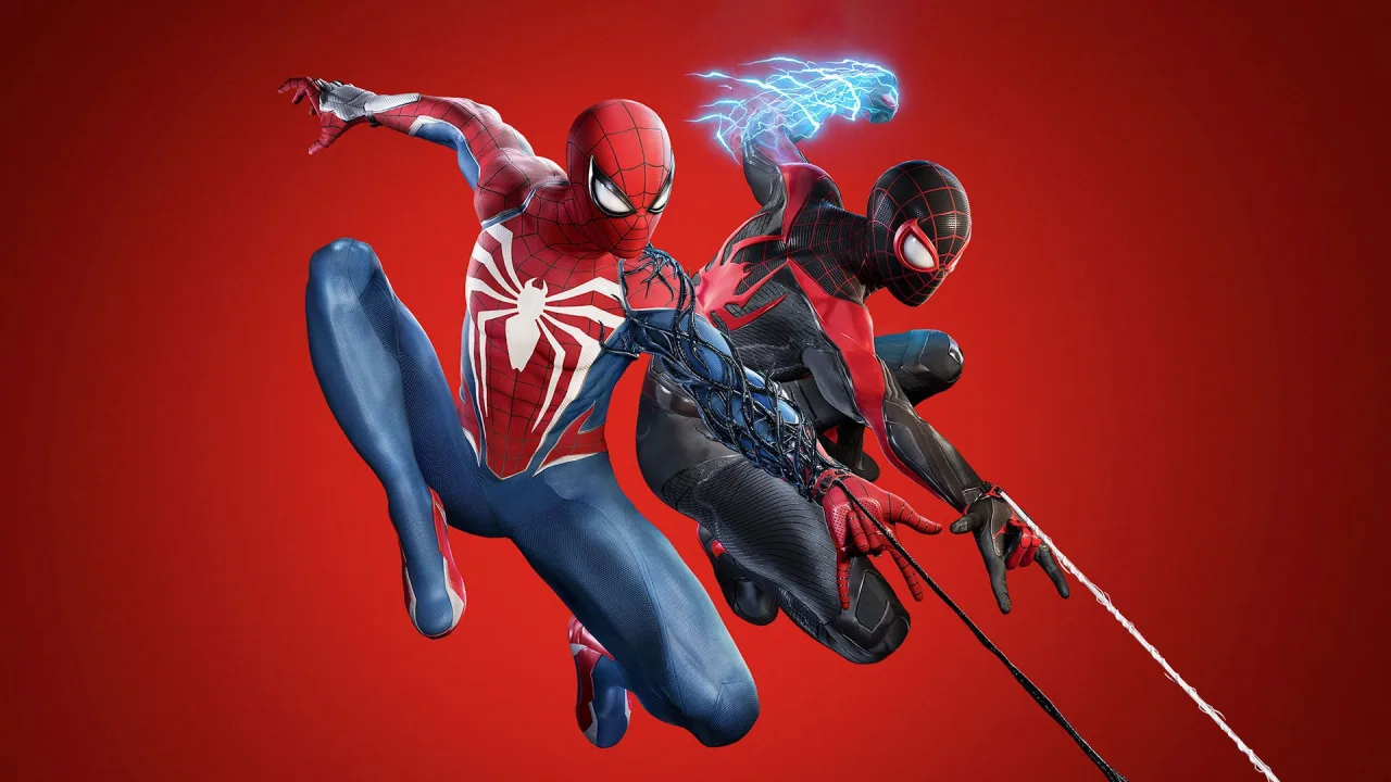 Pessoa em pose de flexão, usando o traje Fresh Start inspirado no Spider‑Man, com fundo de academia e halteres