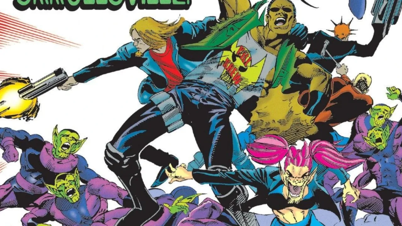 Capa de Skrull Kill Krew (1995) com os personagens principais e o logotipo da Marvel em fundo azul escuro