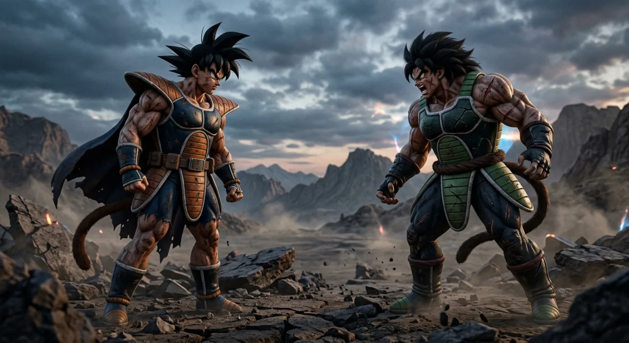 Broly e Cumber se encaram em pose de batalha, rodeados por aura verde e vermelha sob o logo de Dragon Ball