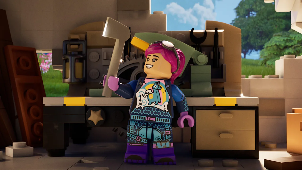 Jovem faz agachamento segurando o LEGO PlayStation, rodeado de halteres, garrafinha d'água e controle de videogame