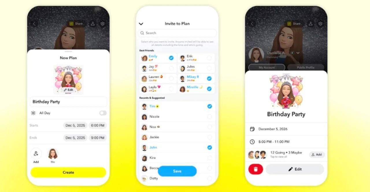 Smartphone mostra conversa do Snapchat com o novo recurso 'Plans' e ícones de calendário e localização
