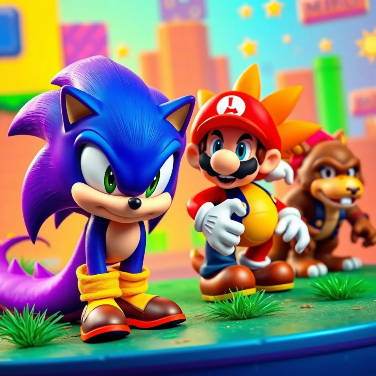 Jovem em roupa esportiva joga Mario no console enquanto faz agachamento com halteres ao lado