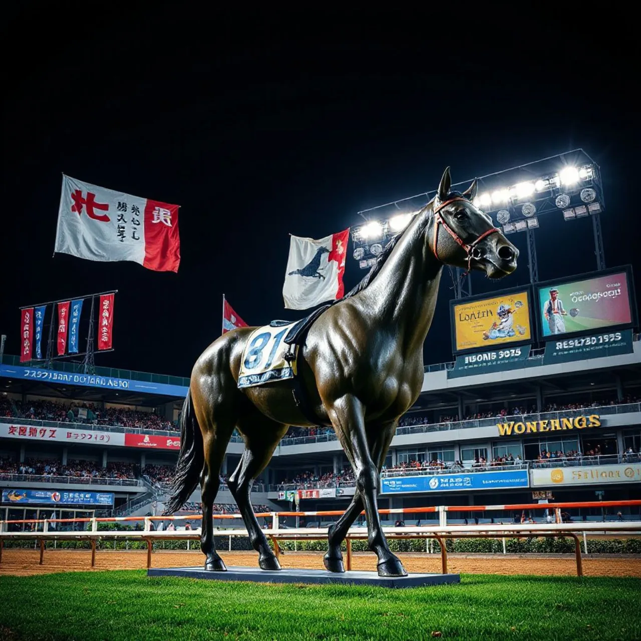 Logo da Cygames ao lado do selo da Breeders’ Cup sobre um cavalo em plena corrida no hipódromo de Keeneland