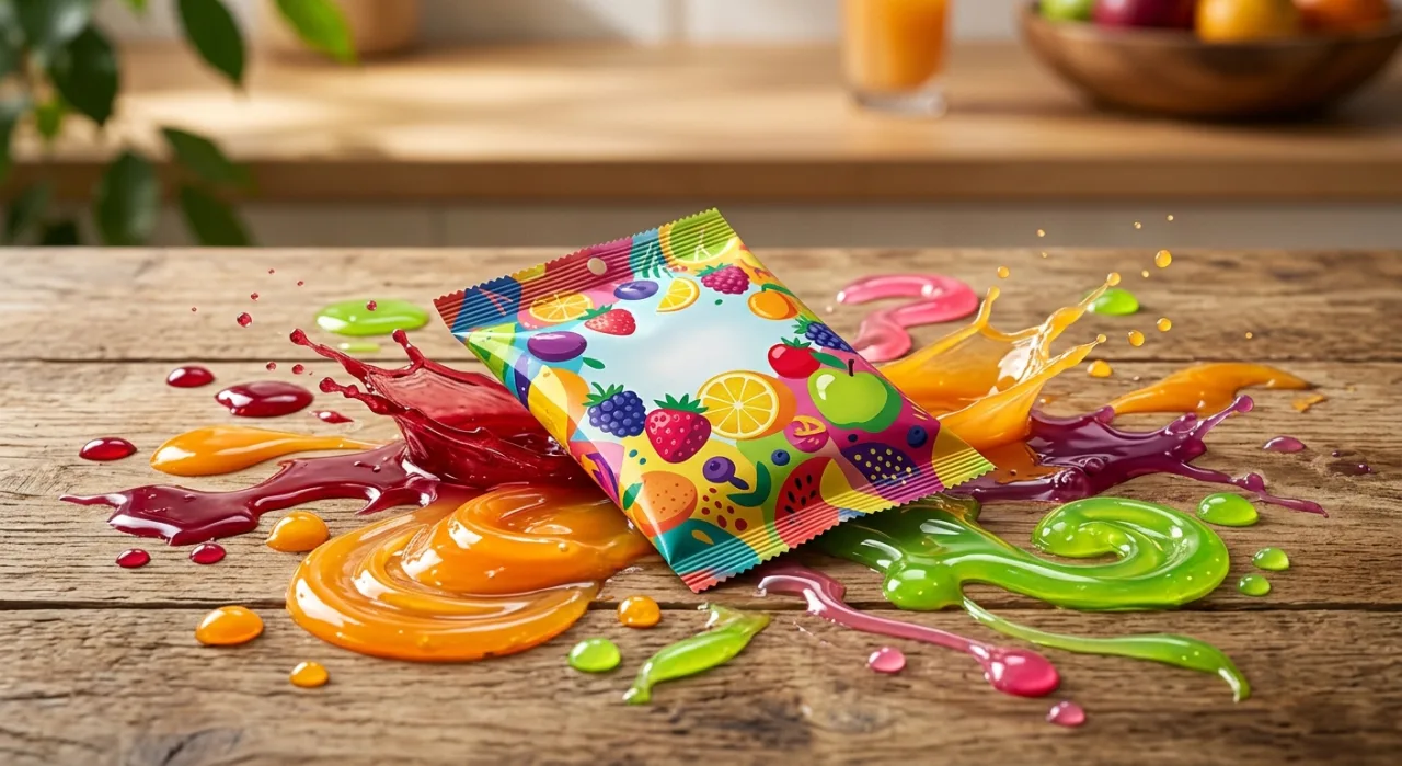 Sachês coloridos de GoGo SqueeZ ao lado de frutas frescas e um tênis esportivo sobre uma mesa de madeira clara