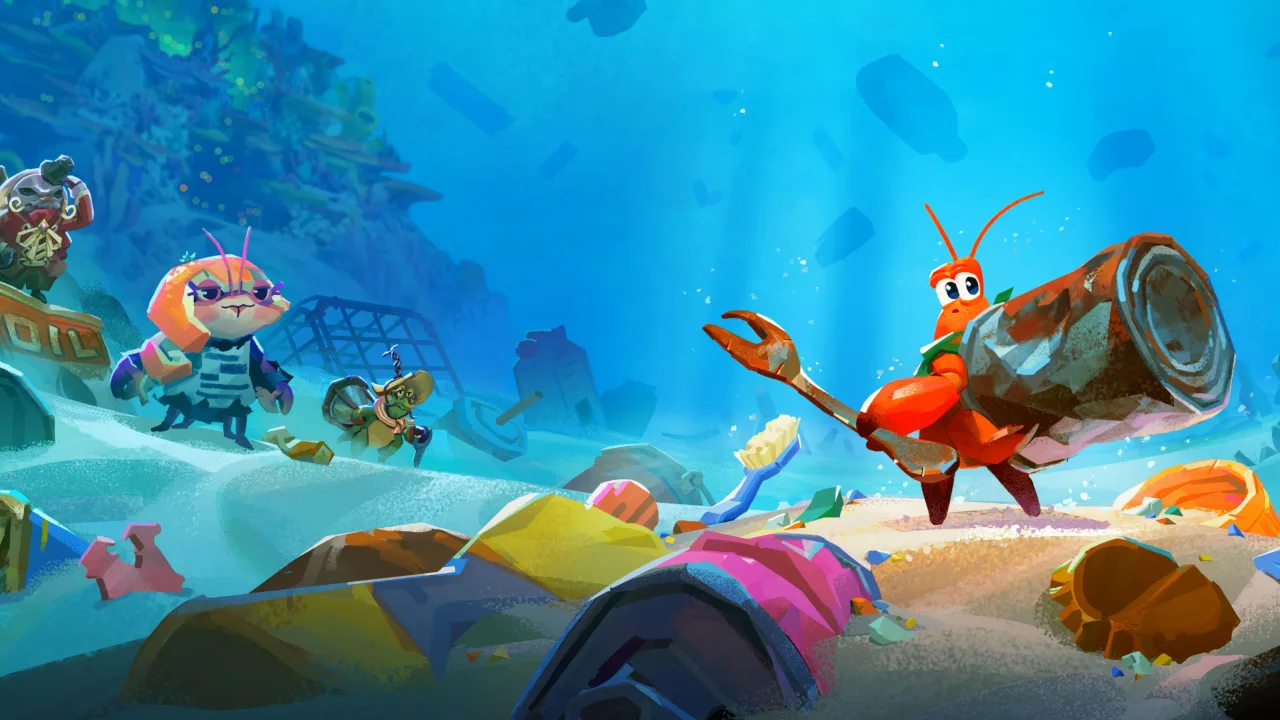 Console Switch 2 ao lado da caixa de Another Crab’s Treasure, com o caranguejo mascote segurando o controle