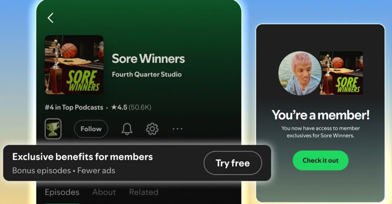 Logotipo verde do Spotify ao lado de microfone e fones, com ícone de assinatura sobre tela de smartphone