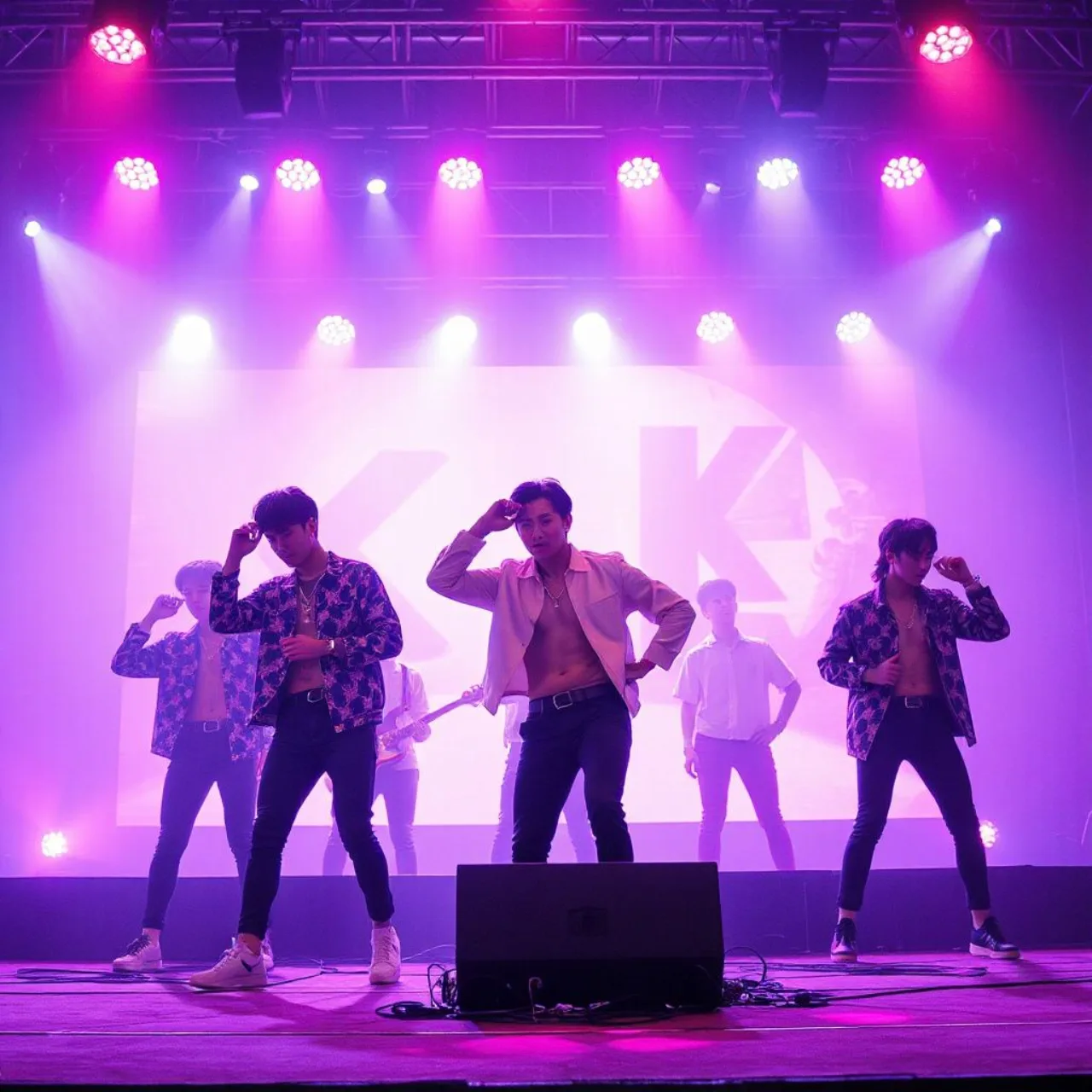 Membros de BABYMONSTER em trajes futuristas dançando sob luzes neon, com o logo “CHOOM” ao fundo