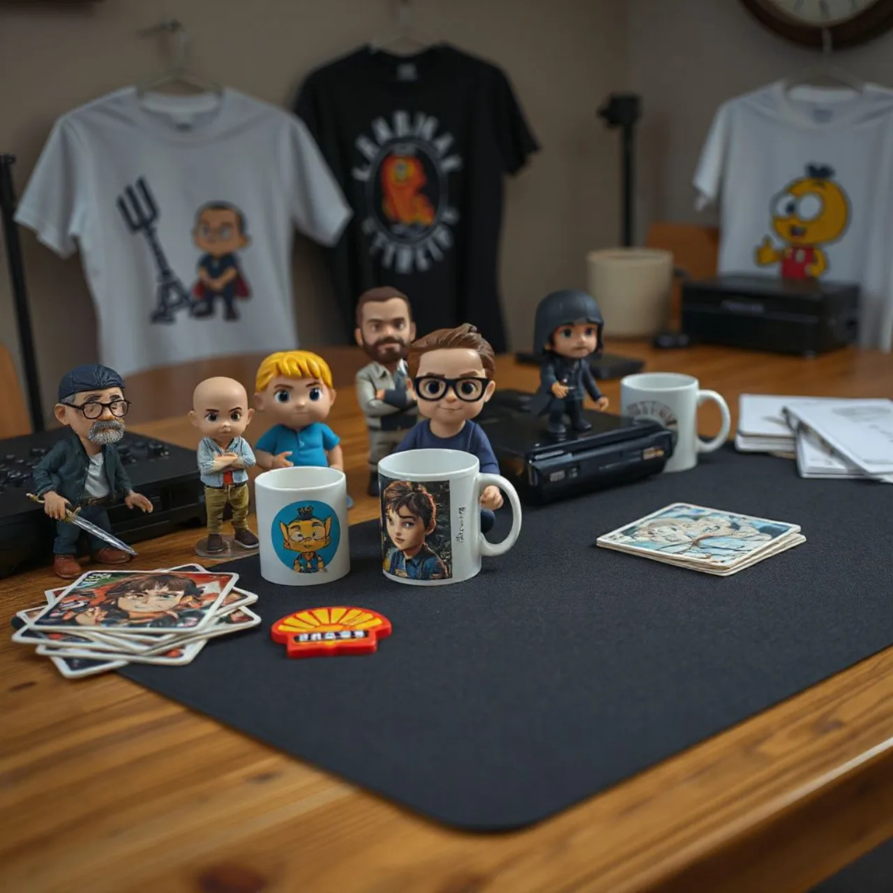 Standees de Estelle, Adol e outros heróis da Falcom ao lado de camisetas, canecas e o logo da Bracer Guild
