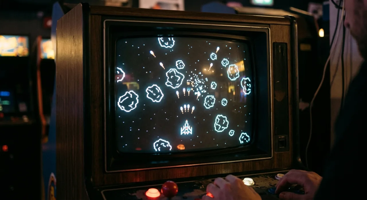 Logo da Star Streak sobre fundo estelar, nave 360° e o console Atari Jaguar ao lado, com asteroides ao redor
