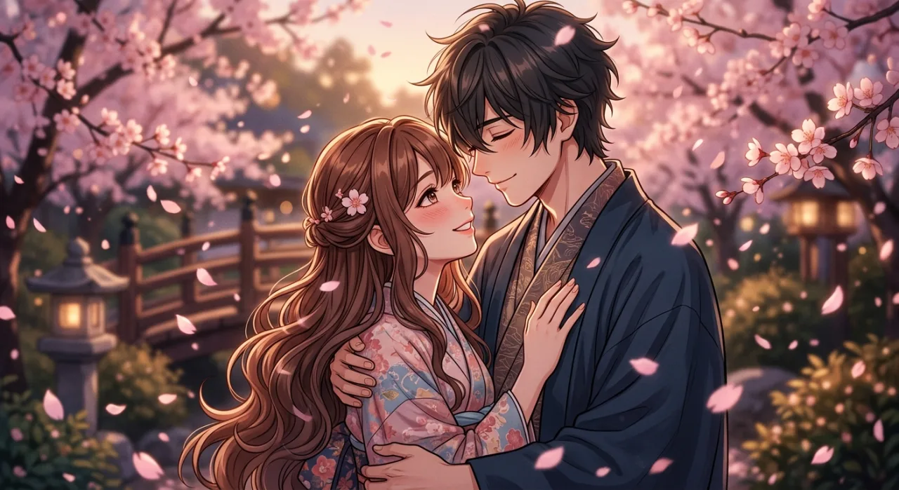 Casal de cosplayers de animes trocando um beijo romântico em um cenário urbano estilizado com luzes neon