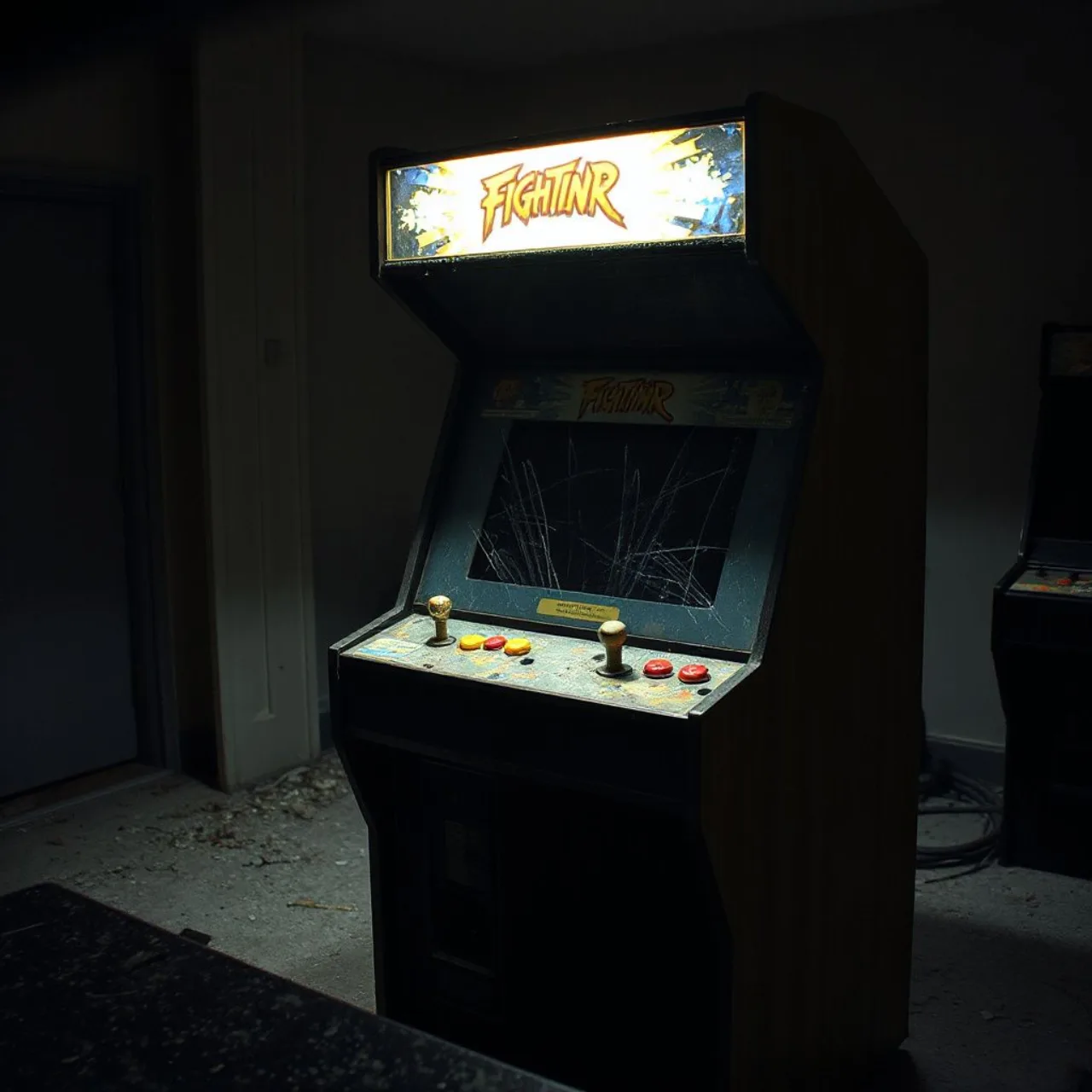 Jovem em camiseta da Bloody Roar faz flexões segurando controle de videogame ao lado de halteres